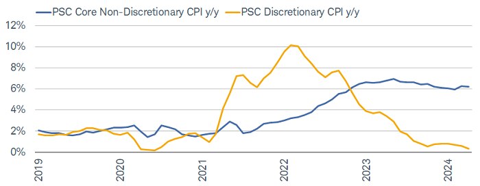 Over the past two years, there has been a plunge in inflation of discretionary items; while the inflation rate in non-discretionary categories has accelerated sharply to more than 6% year/year.