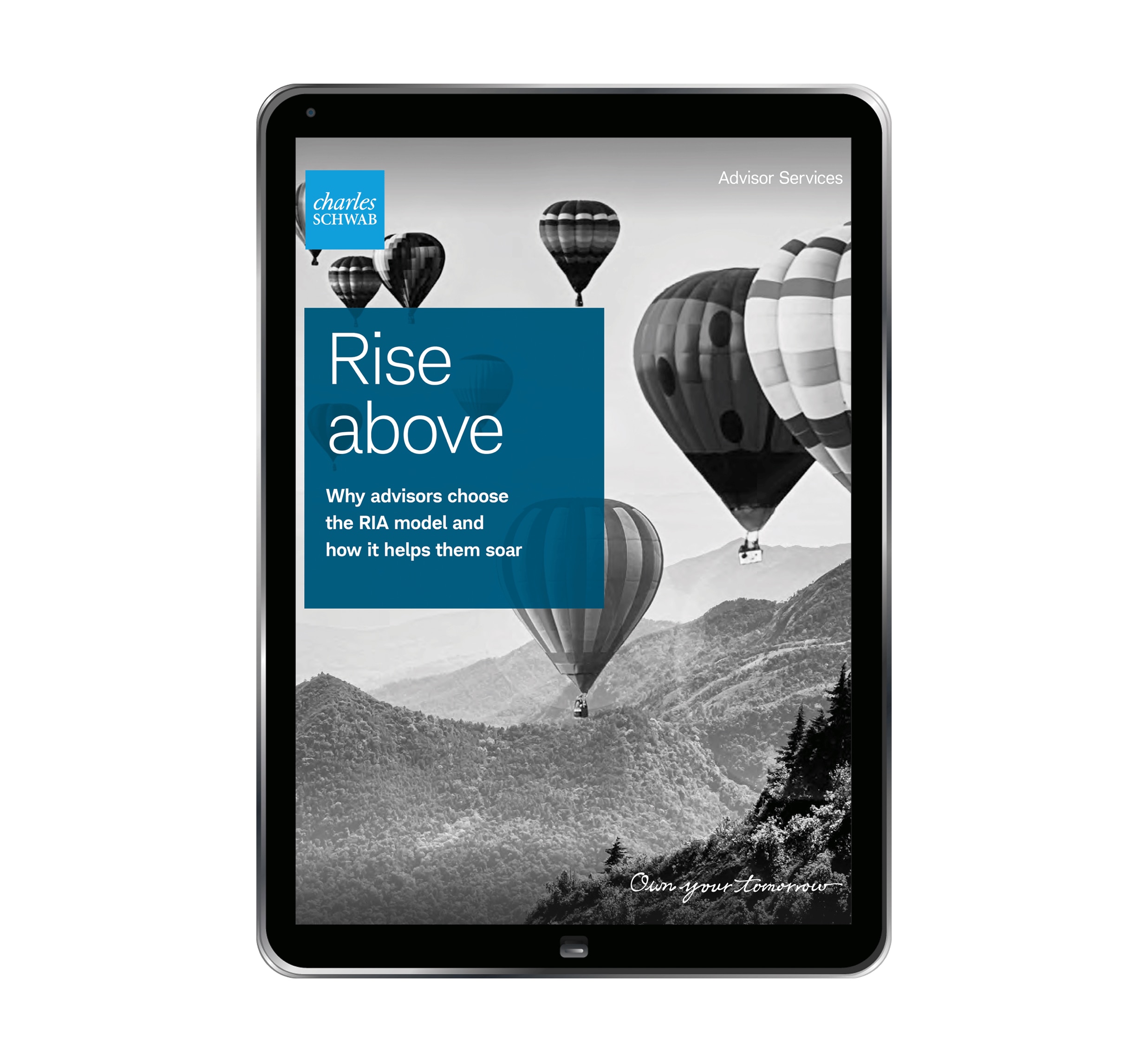 A tablet shows the cover of the Rise Above white paper.