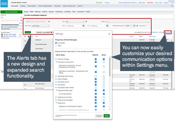 The Alerts tab has a new design and expanded search functionality.