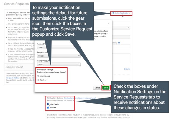 To make your notification settings the default for future submissions, click the Set Default Values link, then click the boxes in the Customize Service Request popup and click Save. Check the boxes under Notification Settings on the Service Requests tab to receive notifications about these changes in status.