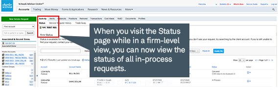 When you visit the Status page while in a firm-level view, you can now view the status of all in-process requests.