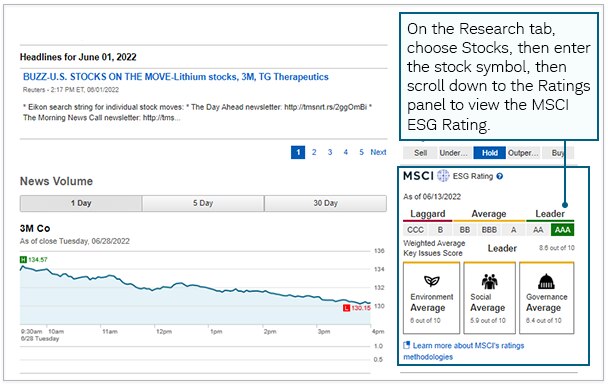 On the Research tab, choose Stocks, then enter he stock symbol, then scroll down to the Ratings panel to view the MSCI ESG Rating.