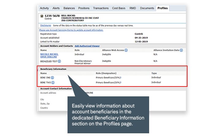 Easily view information about account beneficiaries in the dedicated Beneficiary Information section on the Profiles page.