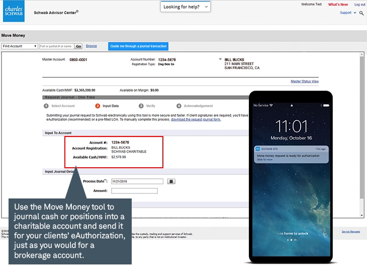 Non-IRA accounts can easily move cash and/or positions into Schwab Charitable® account
