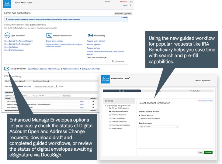 Enhanced Manage Envelopes options let you easily check the status of Digital Account Open and Address Change requests, download draft and completed guided workflows, or review the status of digital envelopes awaiting eSignature via DocuSign.