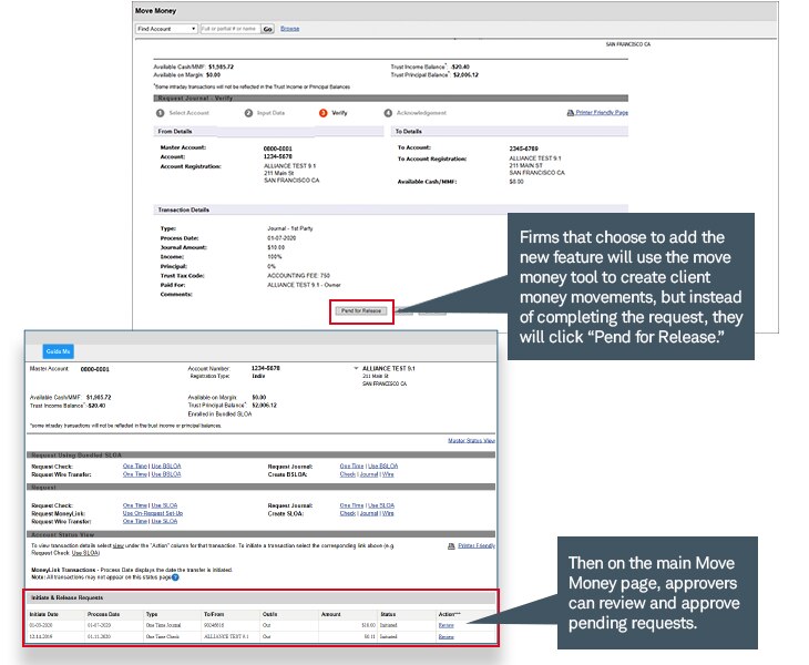 Optional feature enables money movements to be held in "pending" status until approved by an authorized user
