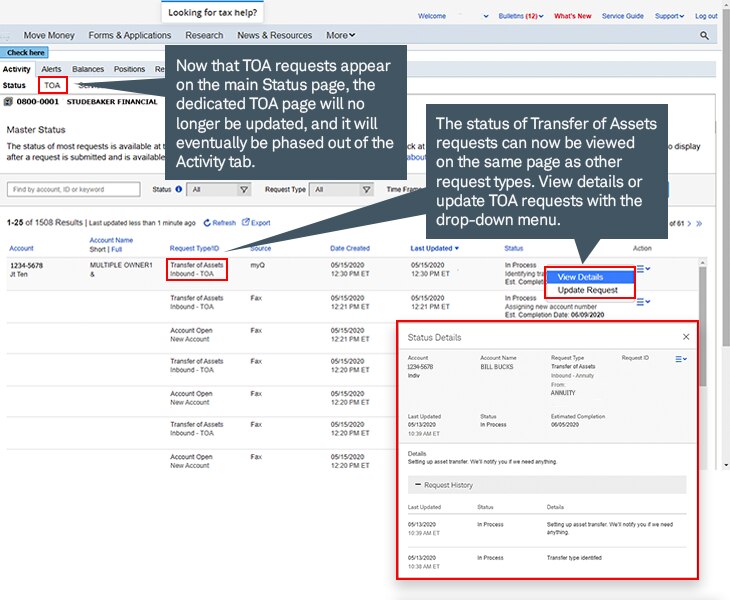 Now that TOA requests appear on the main Status page, the dedicated TOA page will no longer be updated, and it will eventually be phased out of the Activity tab.