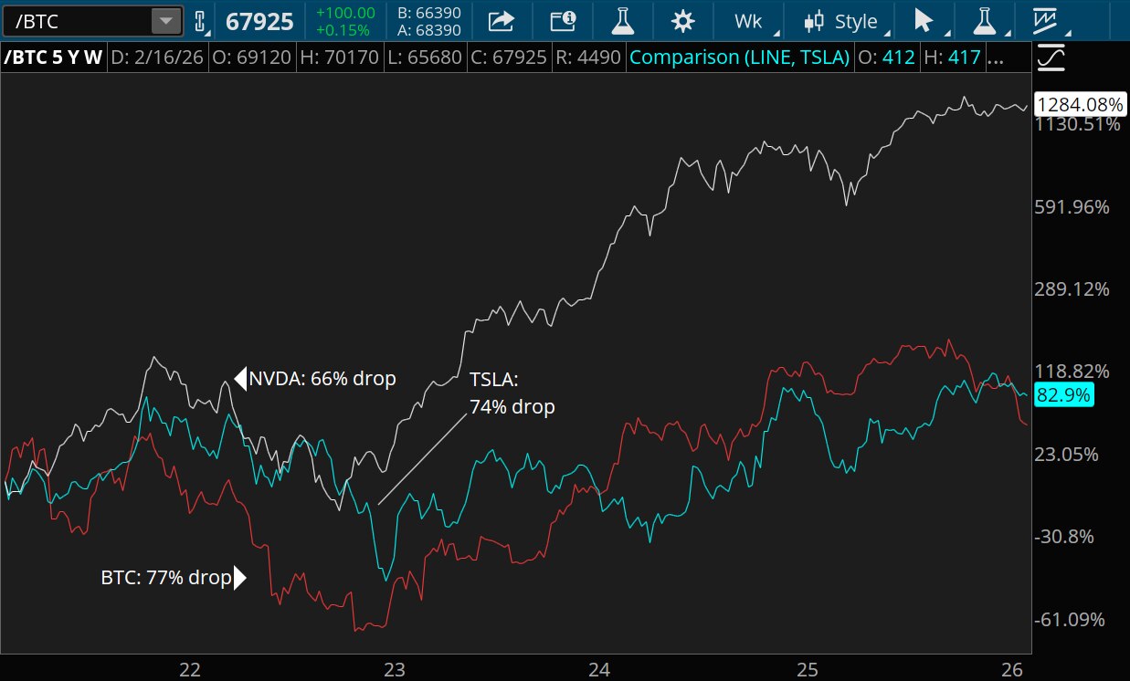 In the five years from February 2021 to February 2026, bitcoin, TSLA, and NVDA all declined the most during the 2022 equities bear market.