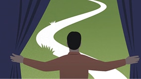 Illustration of a person opening curtains to reveal a clear path.