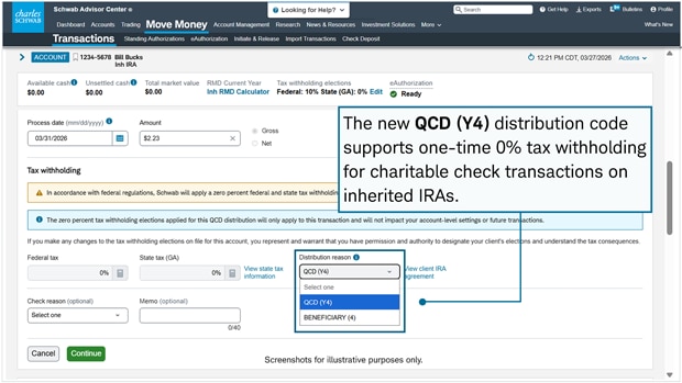 The new QCD (Y4) distribution code supports one-time 0% tax withholding for charitable check transaction on inherited IRAs.