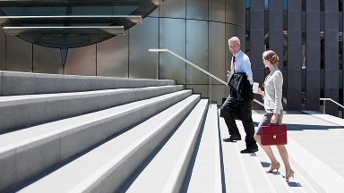 Two people in suits walk up the steps of a building.