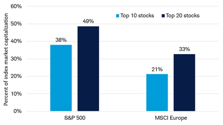 Bar chart shows the percentage of total market capitalization for the top 10 and top 20 stocks in the S&P 500 and MSCI Europe Indexes as of Sept. 8, 2026. 