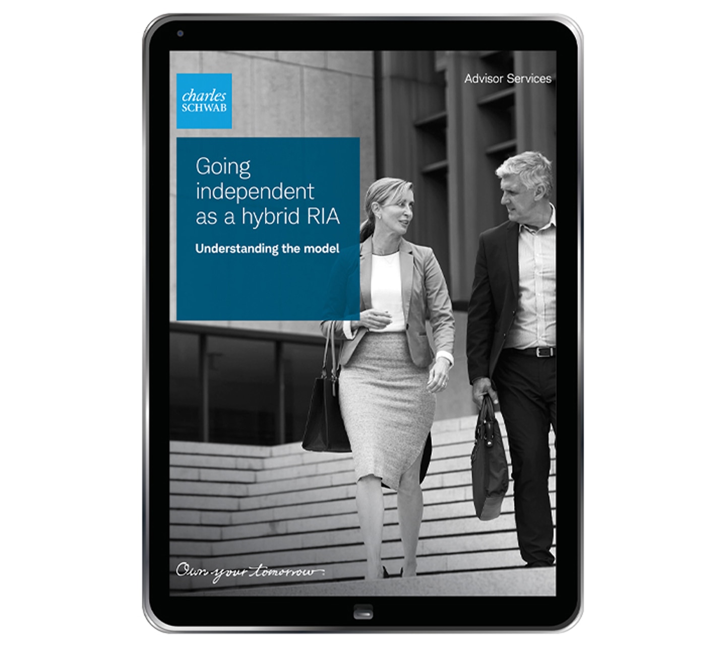 Cover of the ‘Going independent as a hybrid RIA’ white paper shown on a tablet. 