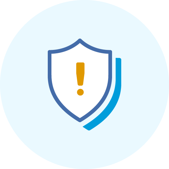 An exclamation point is featured on a shield.