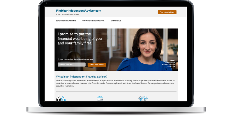 Open laptop with home page of FindYourIndependentAdvisor.com on screen 