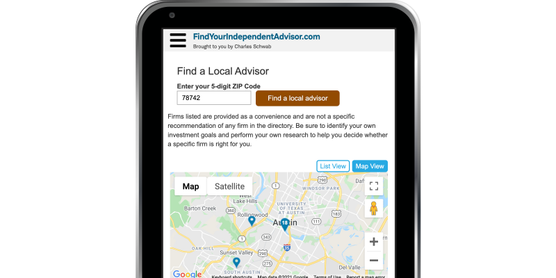 Mobile device screen with the “Find a Local Advisor” page of FindYourIndependentAdvisor.com on screen 