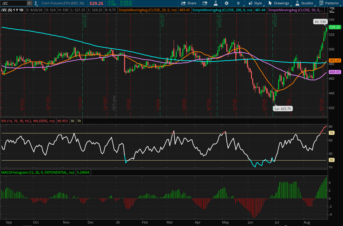 Corn Futures 1-Year Daily Chart