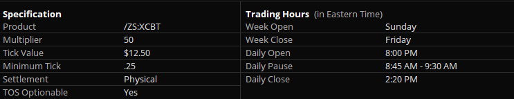 Soybean March 2026 (/ZSH26) Specifications