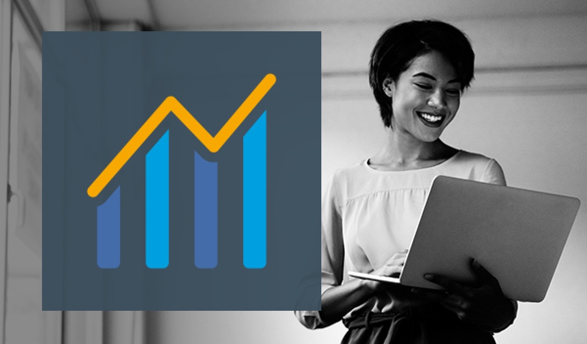 An icon of a line graph on a photo of an advisor smiling and holding a laptop.