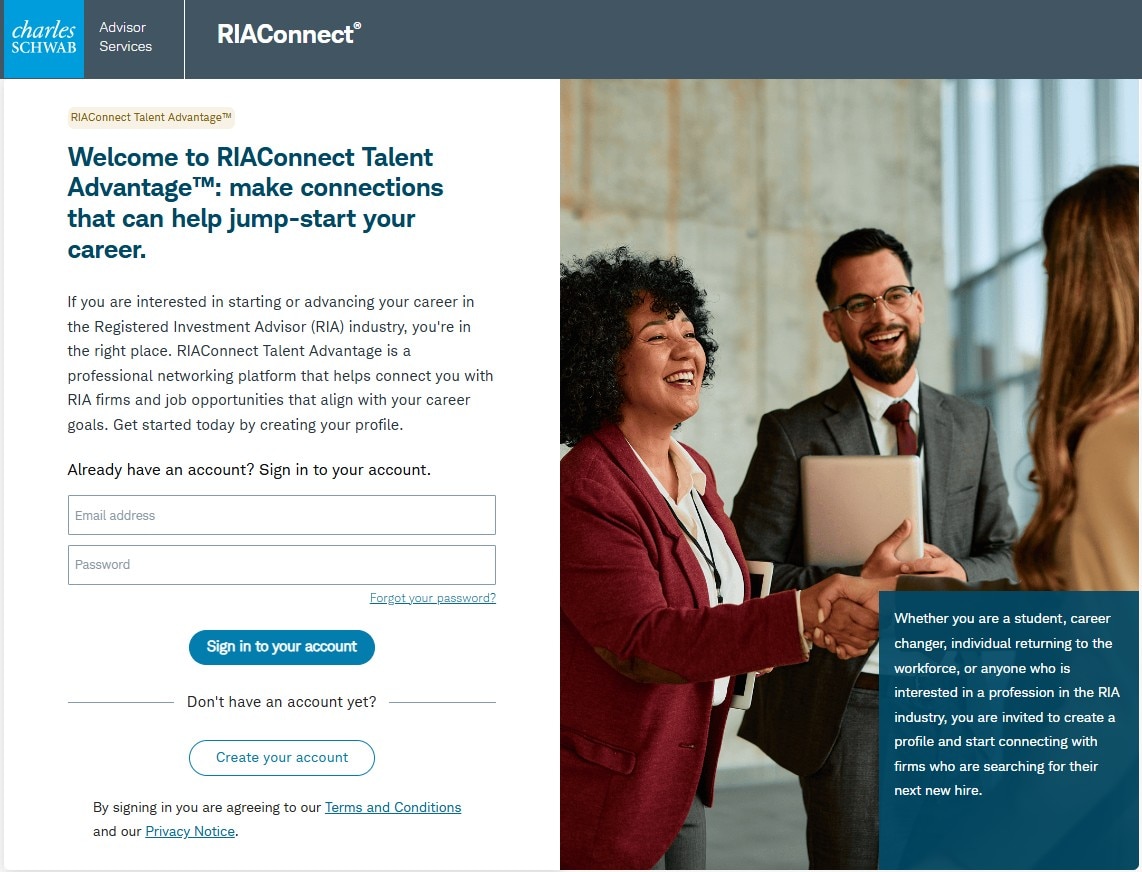 A screenshot of the RIAConnect homepage