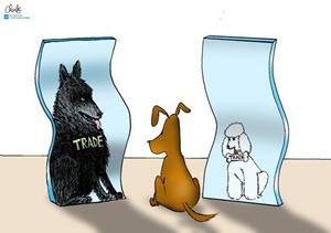 Cartoon that shows how market moves around tariff implementation may change in the coming months.