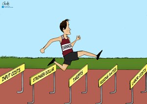 Cartoon that shows the high hurdles which earnings growth faces in the near-to-medium term.