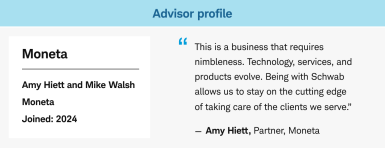 Advisor profile featuring Amy Hiett and Mike Walsh who joined Moneta in 2024. 