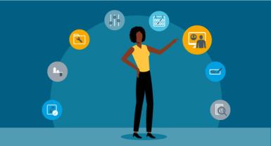 Illustration showing women choosing among many technologies
