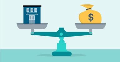 Illustration of a scale with a business building on one side and a bag of cash on the other